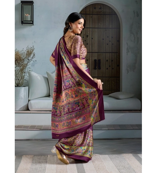 Generic Women's Satin Crepe Printed Saree With Unstitched Blouse 5.5Mtr (Purple)