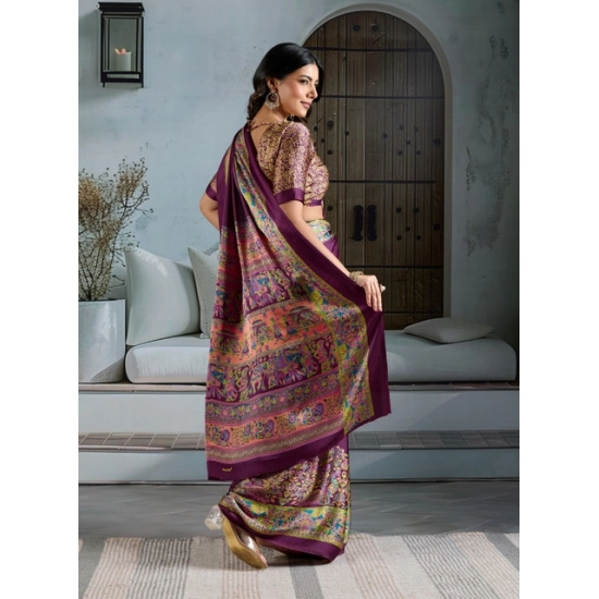 Generic Women's Satin Crepe Printed Saree With Unstitched Blouse 5.5Mtr (Purple) Generic Women's Satin Crepe Printed Saree With Unstitched Blouse 5.5Mtr (Purple)