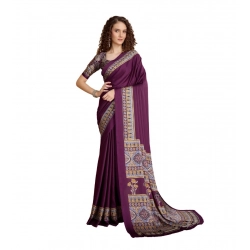 Generic Women's Satin Crepe Printed Saree With Unstitched Blouse 5.5Mtr (Purple)