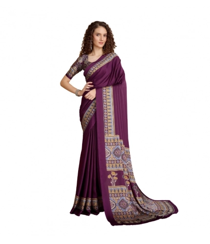 Generic Women's Satin Crepe Printed Saree With Unstitched Blouse 5.5Mtr (Purple)