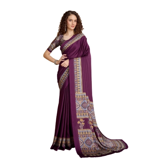Generic Women's Satin Crepe Printed Saree With Unstitched Blouse 5.5Mtr (Purple)