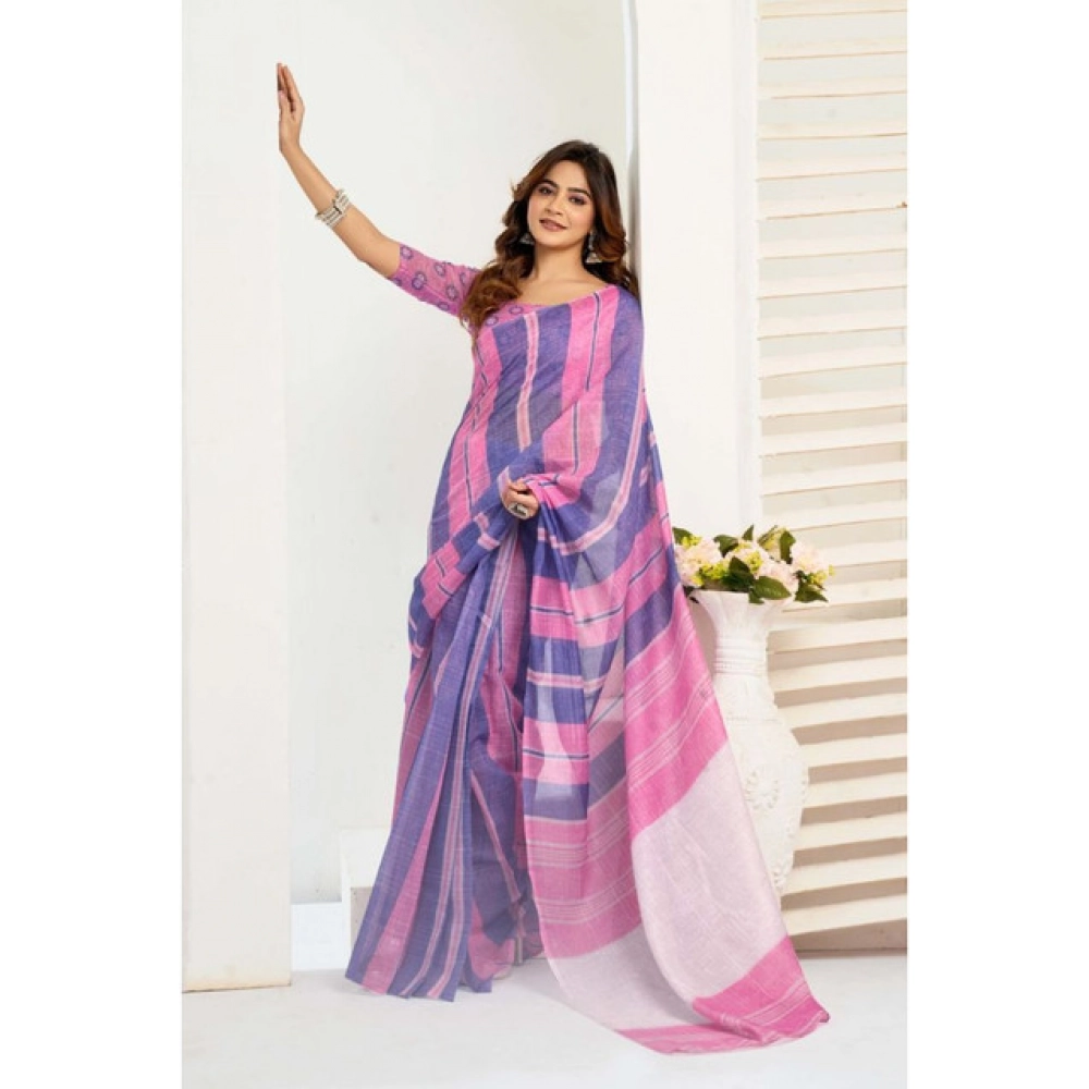 Generic Women's Linen Cotton Printed Ready To Wear Saree With Unstitched Blouse 5.5 Mtr (Pink)