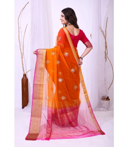 Generic Women's Organza jacquard Embellished Saree With Unstitched Blouse 5.5Mtr (Orange)