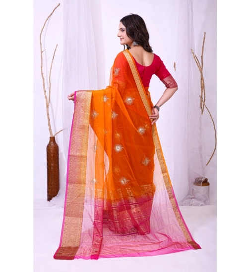 Generic Women's Organza jacquard Embellished Saree With Unstitched Blouse 5.5Mtr (Orange)