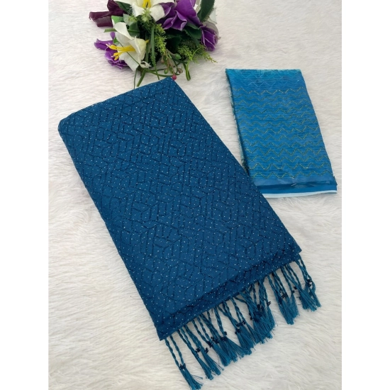 Generic Women's Chiffon Zigzag lines Saree With Unstitched Blouse 5.5Mtr (Blue)