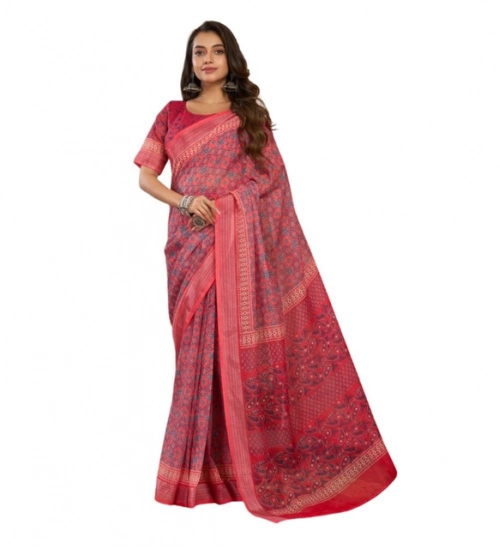 Generic Women's Linen Cotton Printed Ready To Wear Saree With Unstitched Blouse 5.5 Mtr (Red)