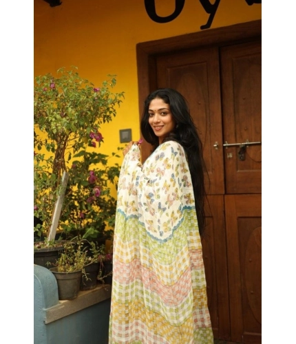 Generic Women's Linen Printed Saree With Unstitched Blouse 5.5Mtr (White)