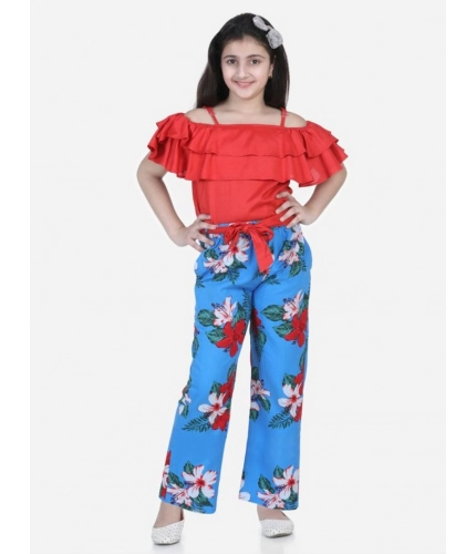Generic Girl's Rayon Floral Short Sleeve Top and Trouser Set (Multicolor)