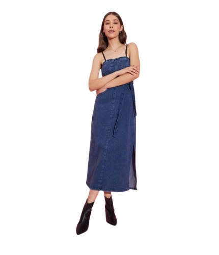 Generic Women's Denim Solid Shoulder Straps Dress (Blue)