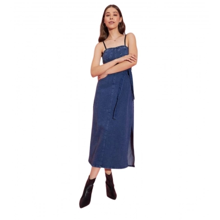 Generic Women's Denim Solid Shoulder Straps Dress (Blue)