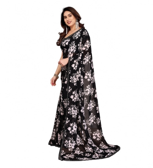 Generic Women's Georgette Printed Saree With Unstitched Blouse 5.5Mtr (Black)