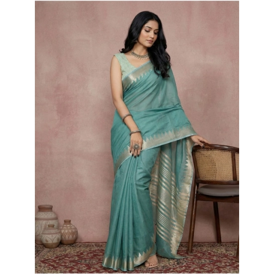 Generic Women's Cotton Printed Saree With Unstitched Blouse 5.5Mtr (Teal)