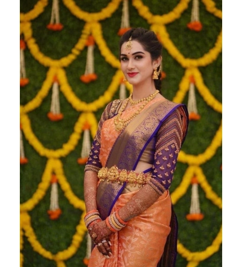 Generic Women's Litchi silk Printed Saree With Unstitched Blouse (Orange)