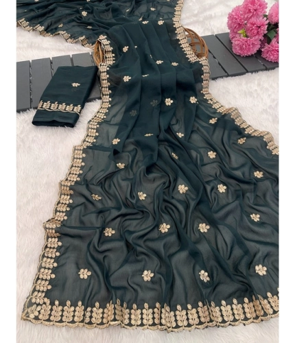 Generic Women's Georgette Embroidered Saree With Unstitched Blouse 5.5Mtr (Teal)