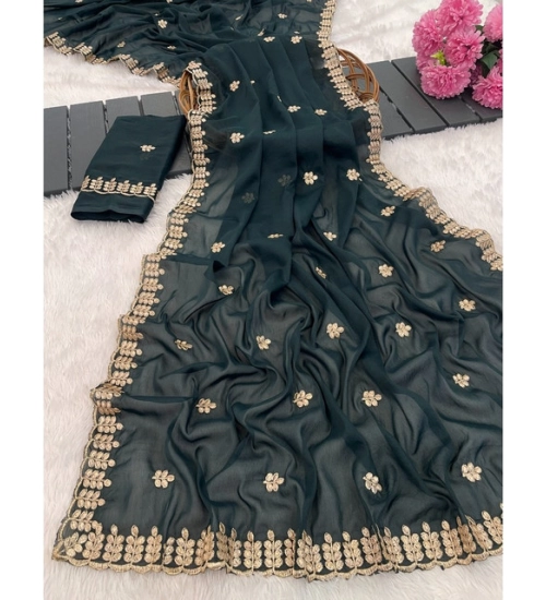 Generic Women's Georgette Embroidered Saree With Unstitched Blouse 5.5Mtr (Teal)