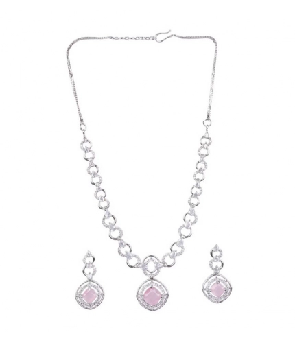 Generic Women's Brass Silver Plated Necklace set (Pink)