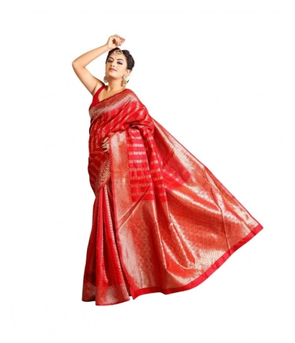 Generic Women's Soft Lichi Silk Printed Saree With Unstitched Blouse 5.5Mtr (Red)