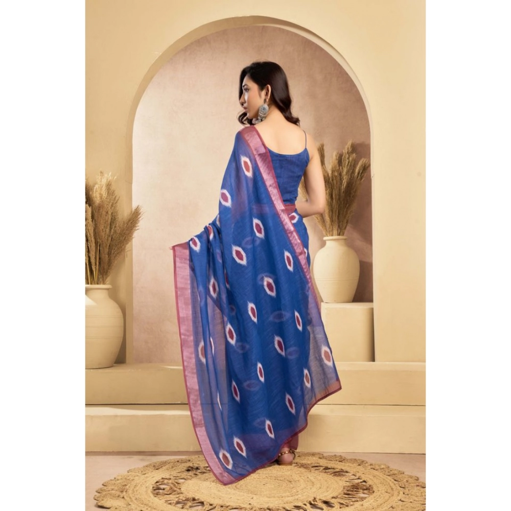 Generic Women's Linen Cotton Printed Ready To Wear Saree With Unstitched Blouse 5.5 Mtr (Blue)