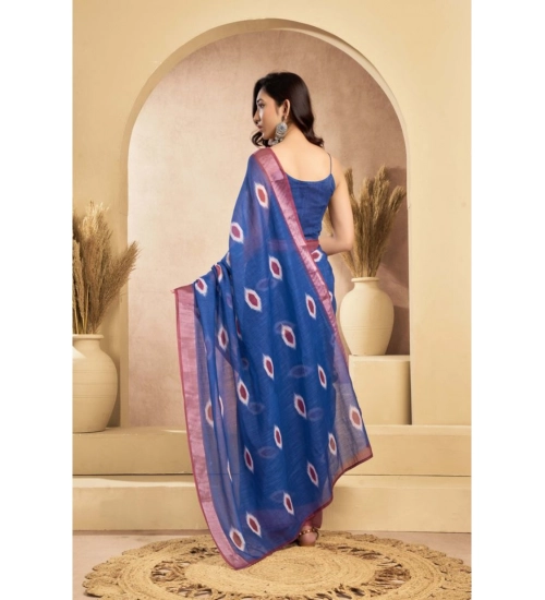 Generic Women's Linen Cotton Printed Ready To Wear Saree With Unstitched Blouse 5.5 Mtr (Blue)
