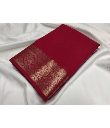 Generic Women's Crepe Chit Pallu Solid Saree With Unstitched Blouse 5.5Mtr (Maroon)