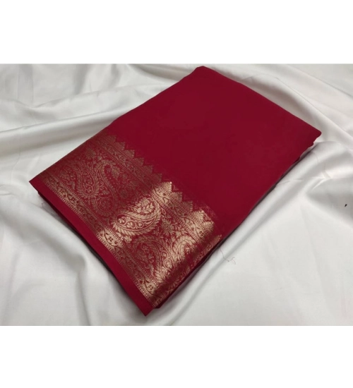 Generic Women's Crepe Chit Pallu Solid Saree With Unstitched Blouse 5.5Mtr (Maroon)