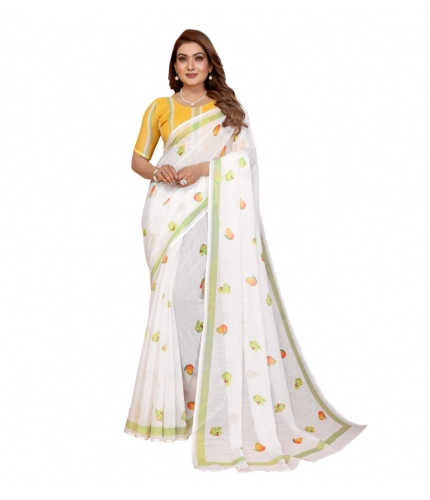 Generic Women's Linen Cotton Printed Saree With Unstitched Blouse 5.5Mtr (White)