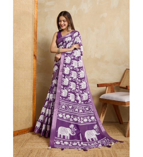 Generic Women's Silk Blend Printed Saree With Unstitched Blouse 5.5Mtr (Purple)