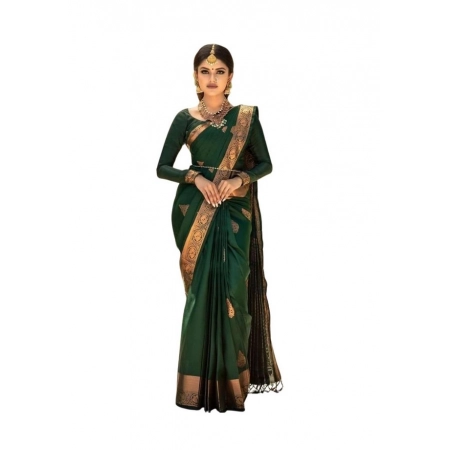 Generic Women's Soft Lichi Silk Printed Saree With Unstitched Blouse 5.5Mtr (Green)