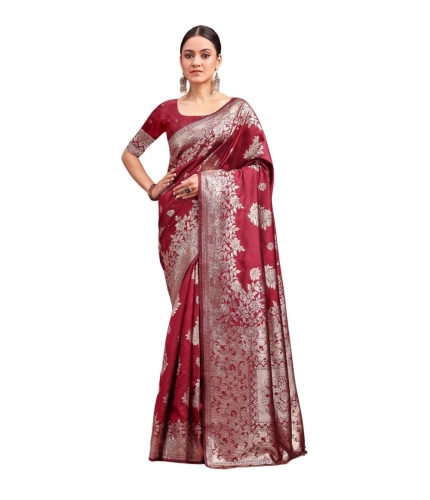 Generic Women's Banarasi Silk Printed Saree With Unstitched Blouse 5.5Mtr (Maroon)