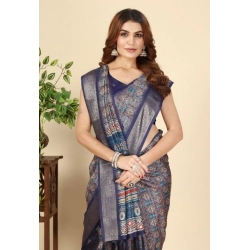 Generic Women's Cotton Blend Printed Saree With Unstitched Blouse 5.5Mtr (Blue)