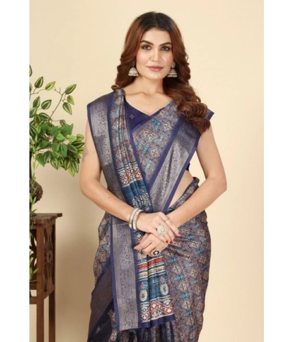 Generic Women's Cotton Blend Printed Saree With Unstitched Blouse 5.5Mtr (Blue)