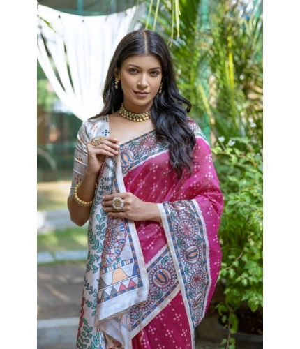 Generic Women's Faux_Tussar Geometric_Print Saree With Unstitched Blouse 5.5Mtr (Pink)