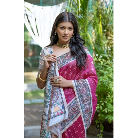 Generic Women's Faux_Tussar Geometric_Print Saree With Unstitched Blouse 5.5Mtr (Pink)