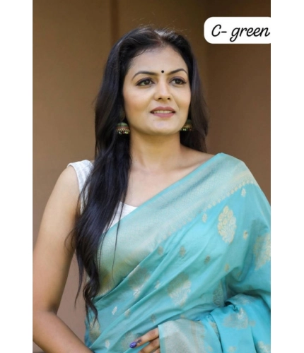 Generic Women's Soft Lichi Silk Printed Saree With Unstitched Blouse 5.5Mtr (Sky-Blue)