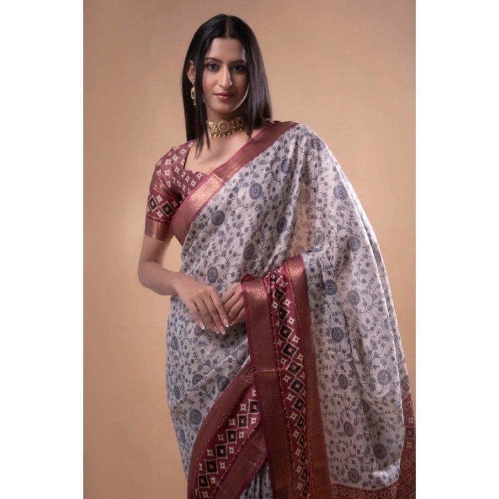 Women's Polyester Printed Saree With Unstitched Blouse 5.5 Mtr (Off-White)