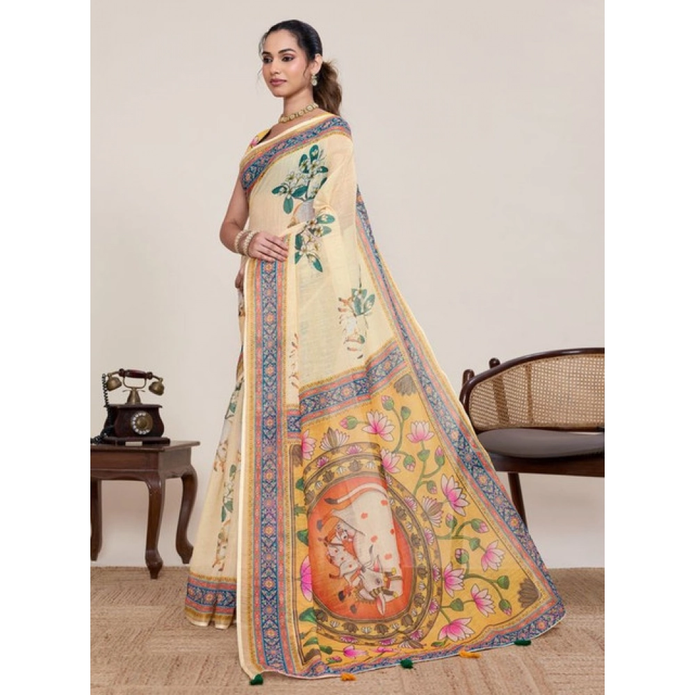 Women's Linen Floral Printed Saree With Unstitched Blouse 5.5Mtr (Beige)