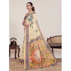 Generic Women's Linen Floral Printed Saree With Unstitched Blouse 5.5Mtr (Beige)