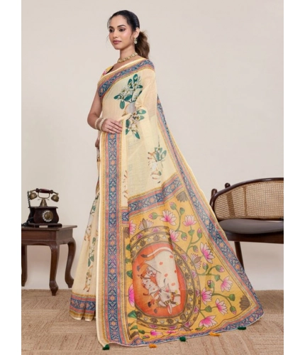 Generic Women's Linen Floral Printed Saree With Unstitched Blouse 5.5Mtr (Beige)