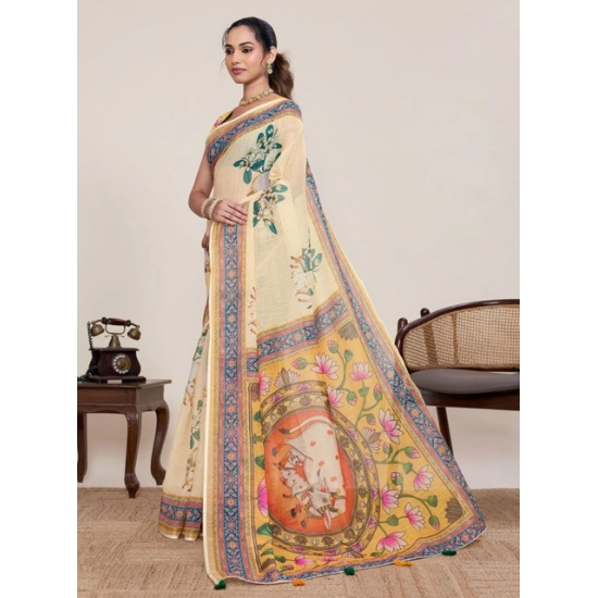 Generic Women's Linen Floral Printed Saree With Unstitched Blouse 5.5Mtr (Beige) Generic Women's Linen Floral Printed Saree With Unstitched Blouse 5.5Mtr (Beige)