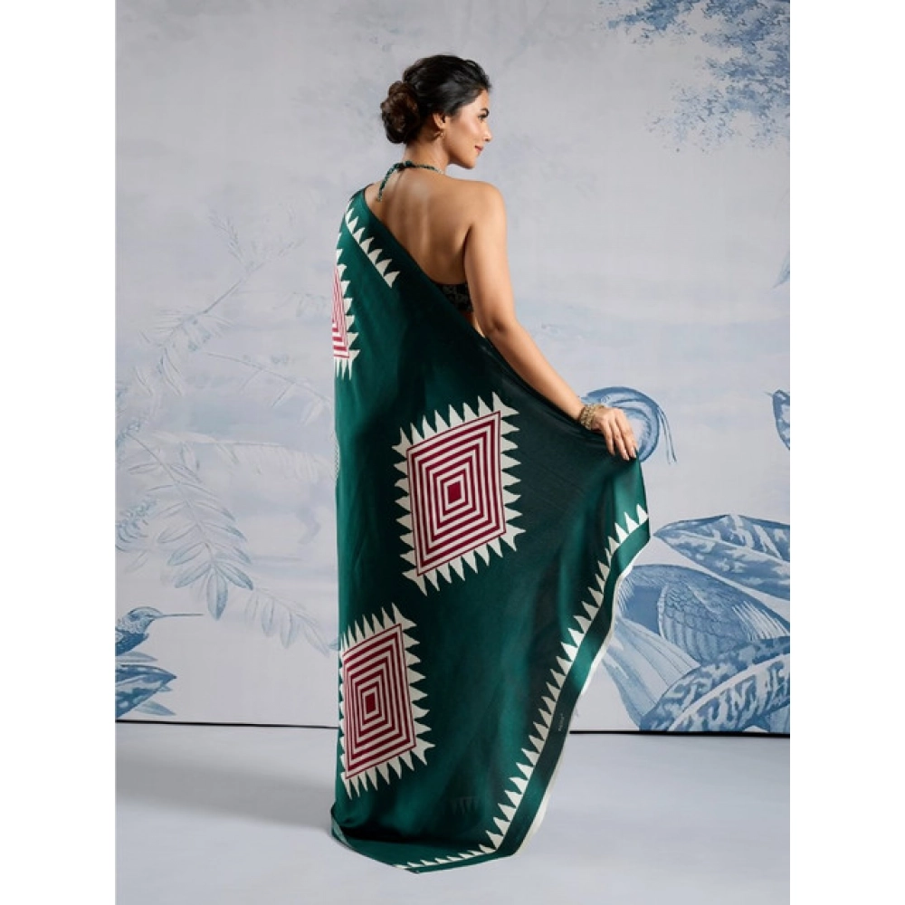 Generic Women's Satin Crepe Printed Saree With Unstitched Blouse 5.5Mtr (Green)