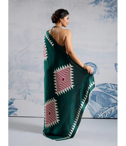 Generic Women's Satin Crepe Printed Saree With Unstitched Blouse 5.5Mtr (Green)