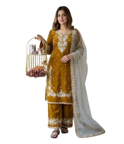 Generic Women's Silk Embroidered 3/4th Sleeve Round Kurti With Palazzo Pant and Dupatta Set (Gold)