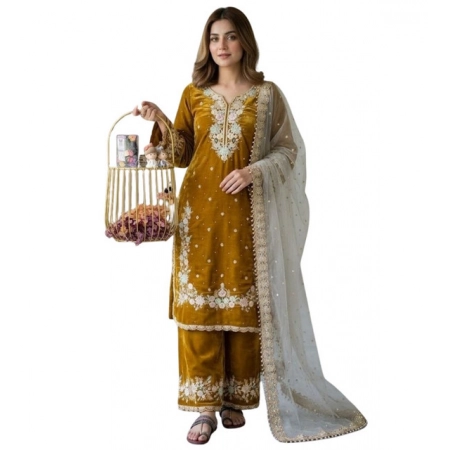 Generic Women's Silk Embroidered 3/4th Sleeve Round Kurti With Palazzo Pant and Dupatta Set (Gold)