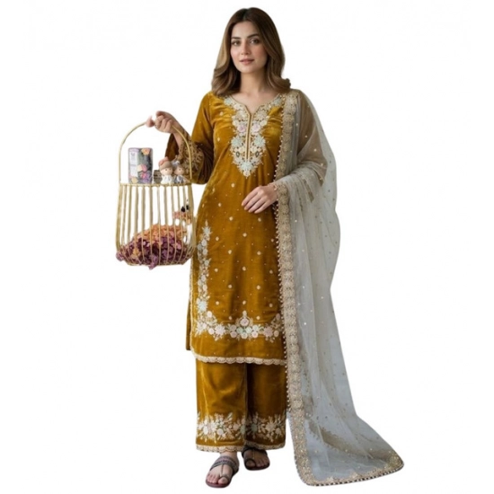 Generic Women's Silk Embroidered 3/4th Sleeve Round Kurti With Palazzo Pant and Dupatta Set (Gold) Generic Women's Silk Embroidered 3/4th Sleeve Round Kurti With Palazzo Pant and Dupatta Set (Gold)