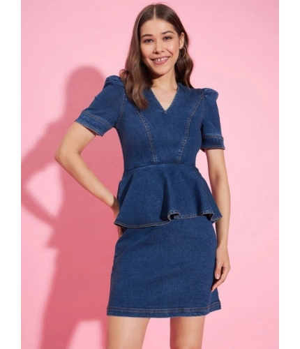 Generic Women's Denim Solid Puff Sleeves Dress (Blue)
