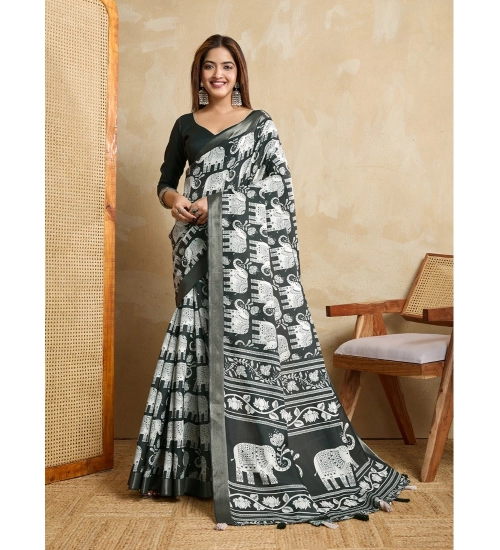 Generic Women's Silk Blend Printed Saree With Unstitched Blouse 5.5Mtr (Green)