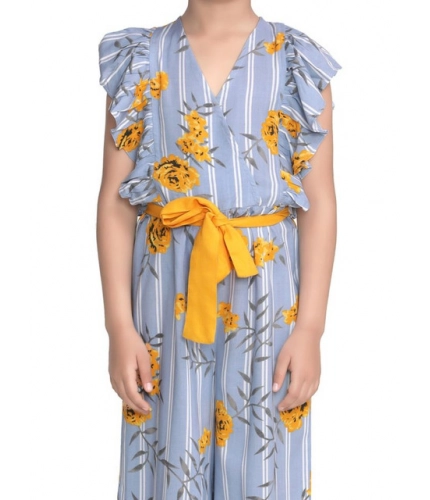 Generic Girl's Rayon Floral Flutter Jumpsuit (Blue-Yellow)