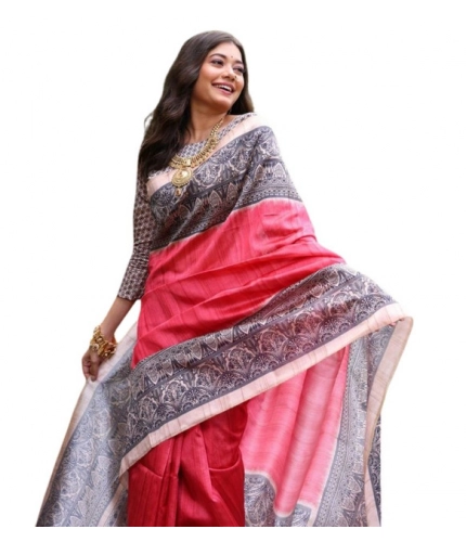 Generic Women's Faux_Tussar Ethnic_Print Saree With Unstitched Blouse 5.5Mtr (Red)