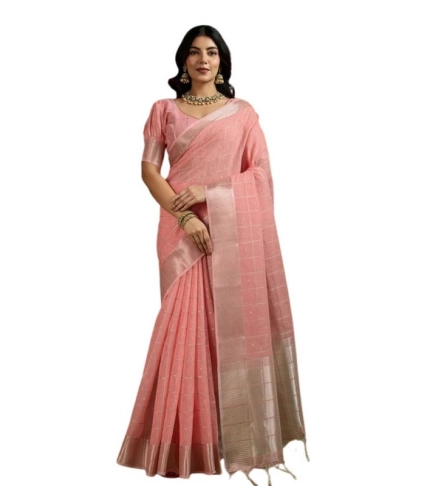 Generic Women's Tissue Checks_With_Buttis Saree With Unstitched Blouse 5.5Mtr (Peach)