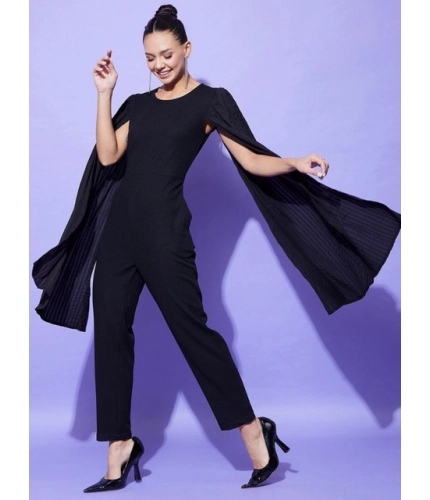 Generic Women's Polyeter Solid Cape Sleeve Jumpsuit (Black)
